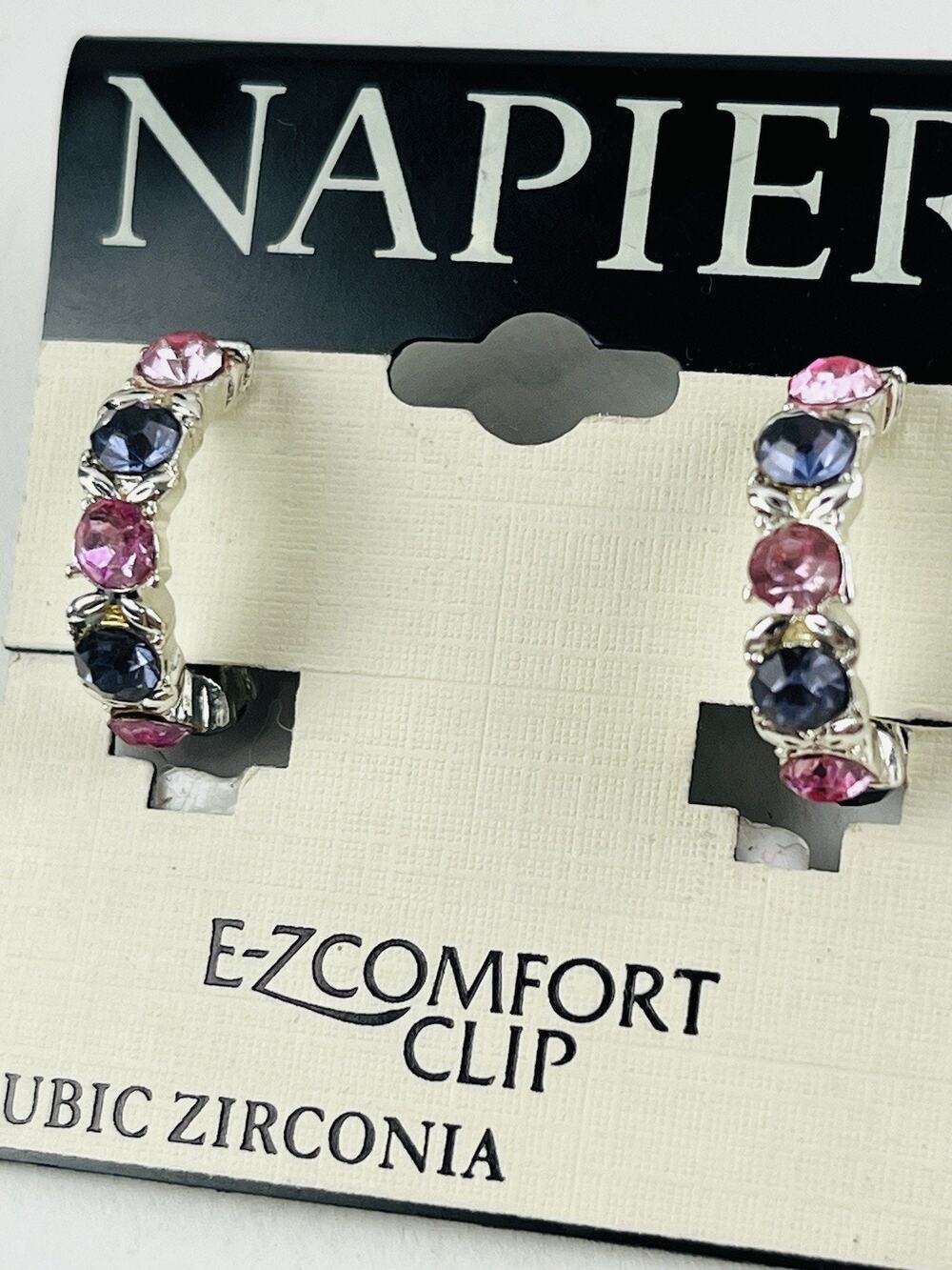 NWT NAPIER Silver Tone Pink Purple Crystals Hoop Clip on Earrings Rhinestone Lav